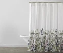White & Green Floral Fabric Shower Curtain