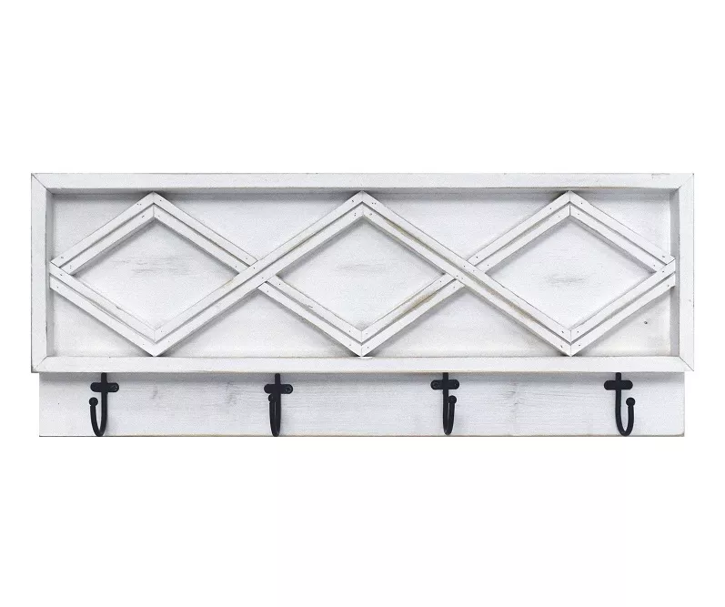 Whitewash Diamond Lattice Wall Plaque With Hooks 1 Whitewash Diamond Lattice Wall Plaque With Hooks