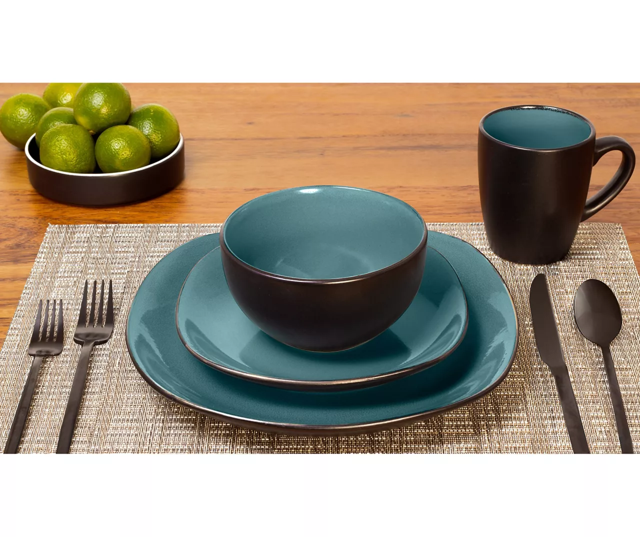 Teal & Black Reactive 16-Piece Stoneware Dinnerware Set 1 Teal & Black Reactive 16-Piece Stoneware Dinnerware Set