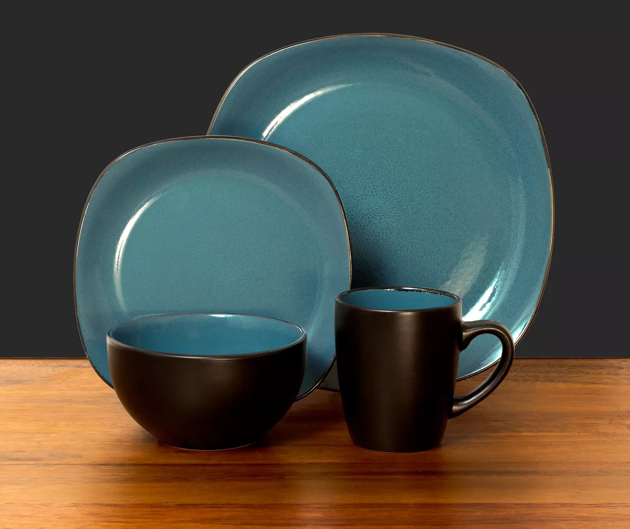 Teal & Black Reactive 16-Piece Stoneware Dinnerware Set 2 Teal & Black Reactive 16-Piece Stoneware Dinnerware Set - Image 2