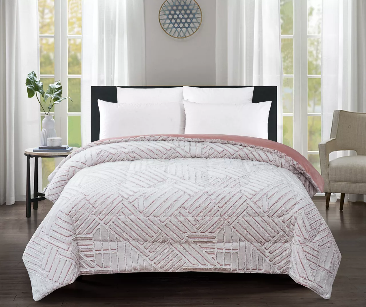 Pink Geometric Texture Faux Fur Full/Queen Comforter 1 Pink Geometric Texture Faux Fur Full/Queen Comforter