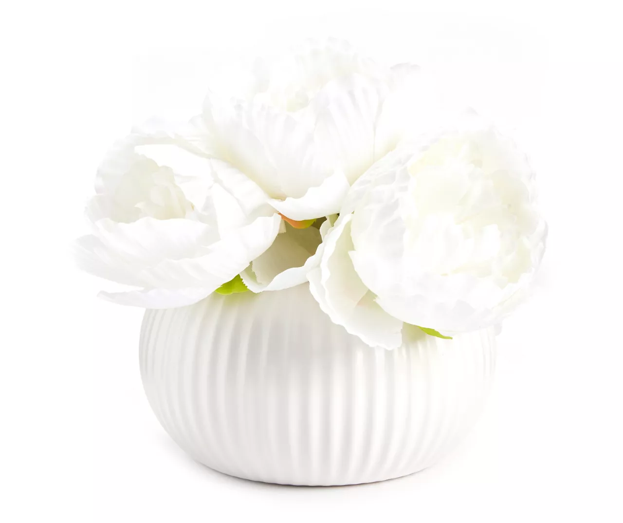 White Artificial Peony Arrangement In White Ridged Ceramic Pot 1 White Artificial Peony Arrangement In White Ridged Ceramic Pot