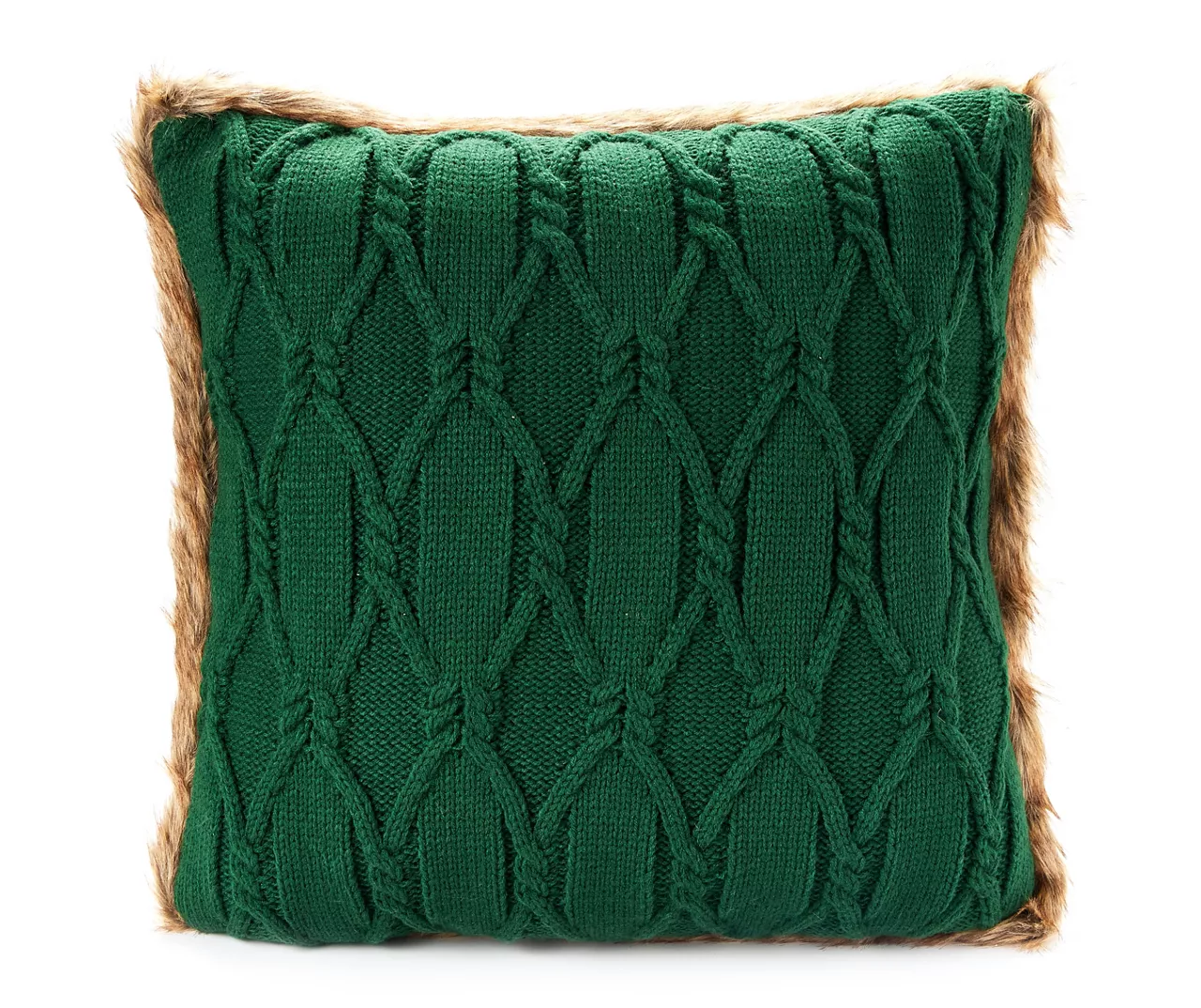 Green Cable-Knit Faux Fur-Trim Throw Pillow 1 Green Cable-Knit Faux Fur-Trim Throw Pillow
