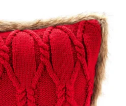 Red Cable-Knit Faux Fur-Trim Throw Pillow -Broyhill 810617278 A8 1